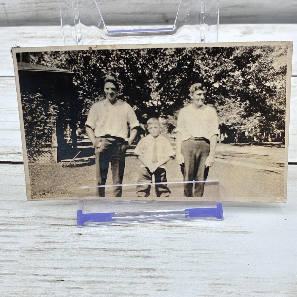 Vintage Black & White Photo Two Men One Boy Outdoors Portrait Snapshot 1930s-40s